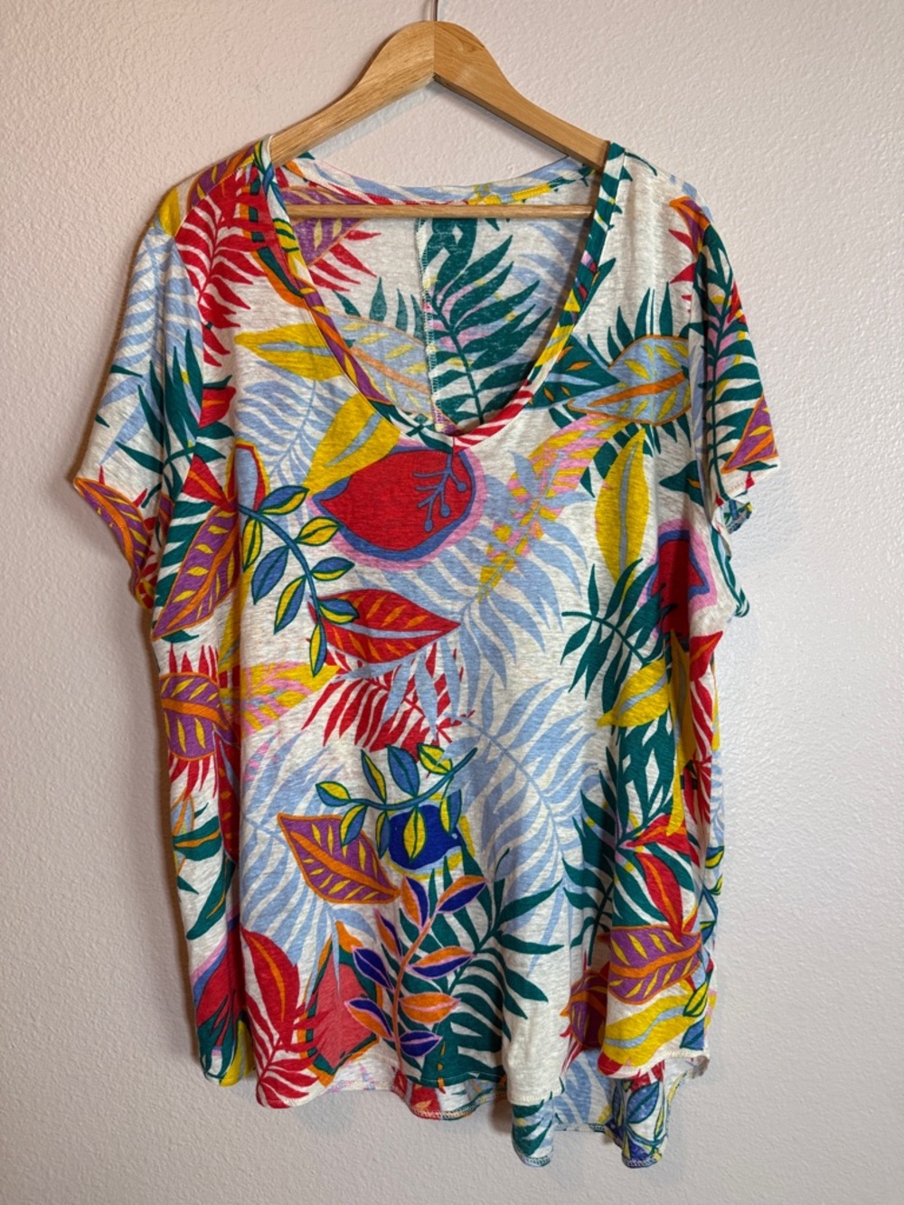 100% Linen Tropical Print Tunic Top V- Neck Boho Resort Coastal 2X Short Sleeve